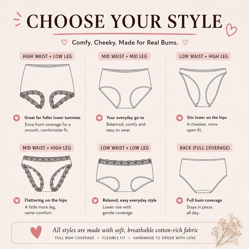 May include: Diagram of underwear styles with text: "CHOOSE YOUR STYLE" and "Comfy. Cheeky. Made for Real Bums." Styles include high waist, mid waist, and low waist options with varying leg cuts. All styles are made with soft, breathable cotton-rich fabric.