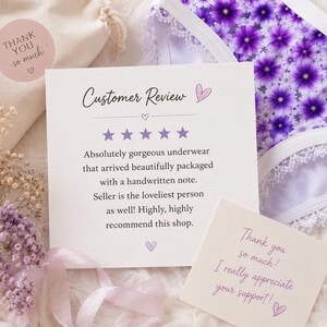 May include: A close-up of a customer review card and a thank you card, with a pair of purple floral underwear. The review card reads "Absolutely gorgeous underwear that arrived beautifully packaged with a handwritten note."