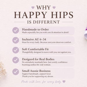 May include: The image showcases a pair of floral-patterned underwear with a white trim. Text on the left side highlights the brand's values: handmade, inclusive sizing, soft fit, designed for real bodies, and small business. The background is a soft, neutral color.