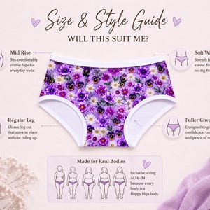 May include: A pair of mid-rise underwear with a floral pattern of purple and white flowers. The underwear has a white trim and is designed for everyday wear. The image includes a size and style guide with text that reads "Made for Real Bodies."