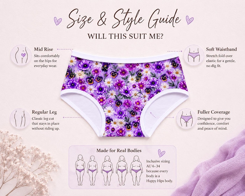 May include: A pair of mid-rise underwear with a floral pattern of purple and white flowers. The underwear has a white trim and is designed for everyday wear. The image includes a size and style guide with text that reads "Made for Real Bodies."