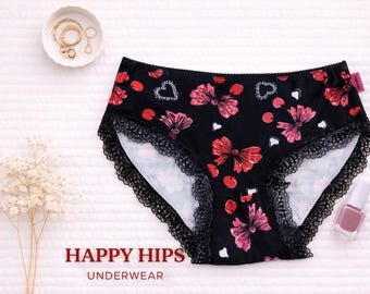 Organic Cotton Underwear - Low, Mid or High Rise | Soft, Comfortable, Handmade Women's Panties | Eco Friendly and Natural Cherry print