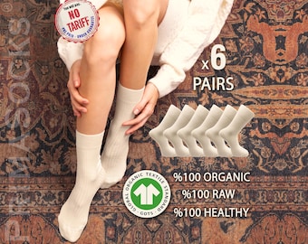 6 Pairs Set of 100% Organic Raw Cotton Crew Socks - GOTS Certificated Socks for Hypersensitive Skins - UnBleached / Latex Free / Dye Free