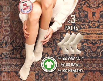 3 Pairs Set of 100% Organic Raw Cotton Crew Socks - GOTS Certificated Socks for Hypersensitive Skins - UnBleached / Latex Free / Dye Free