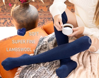 Over Knee Natural Lambswool Knitted Socks - Womens Knit Wool Seamless Stockings - Long Thigh High Leg Warmers - Cozy Sweater Winter Hosiery