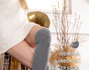 Over Knee Natural Lambswool Knitted Socks - Womens Knit Wool Seamless Stockings - Long Thigh High Leg Warmers - Cozy Sweater Winter Hosiery