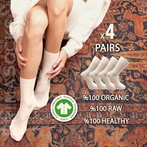 4 Pairs Set of 100% Organic Raw Cotton Crew Socks - GOTS Certificated Socks for Hypersensitive Skins - UnBleached / Latex Free / Dye Free