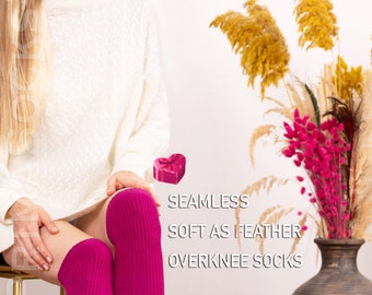 Over Knee Natural Lambswool Knitted Socks - Womens Knit Wool Seamless Stockings - Long Thigh High Leg Warmers - Cozy Sweater Winter Hosiery
