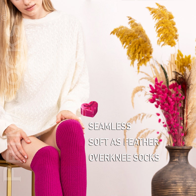 May include: A woman wearing a white sweater and pink over-the-knee socks. The text "SEAMLESS SOFT AS FEATHER OVERKNEE SOCKS" is visible in the image.