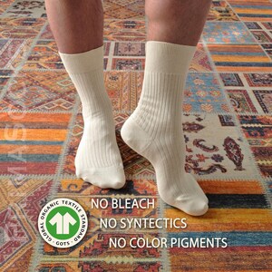Men's 100 cotton socks in a natural, undyed state with no bleach or synthetic color pigments.