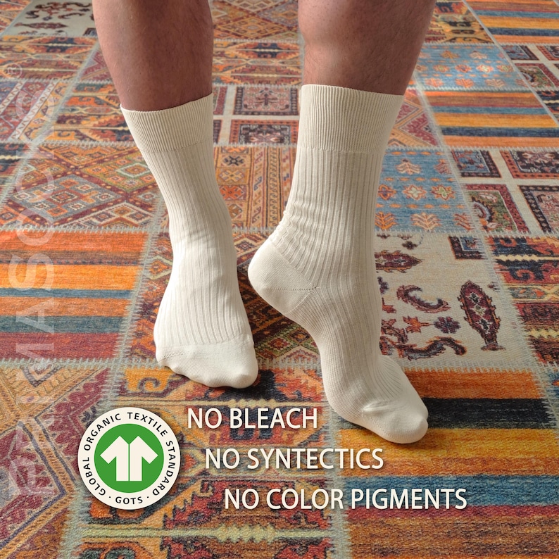 Men's 100 cotton socks in a natural, undyed state with no bleach or synthetic color pigments.