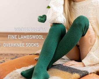 Over Knee Natural Lambswool Knitted Socks - Womens Knit Wool Seamless Stockings - Long Thigh High Leg Warmers - Cozy Sweater Winter Hosiery