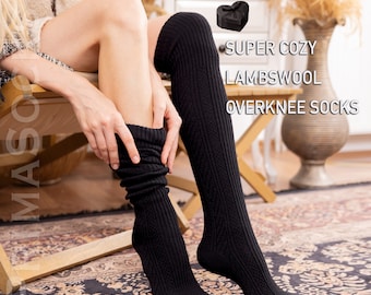 Over Knee Natural Lambswool Knitted Socks - Womens Knit Wool Seamless Stockings - Long Thigh High Leg Warmers - Cozy Sweater Winter Hosiery