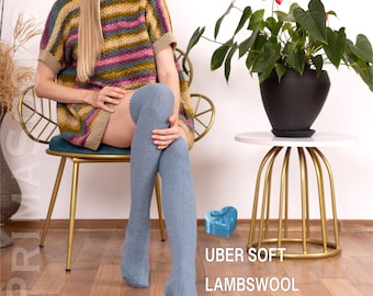 Over Knee Natural Lambswool Knitted Socks - Womens Knit Wool Seamless Stockings - Long Thigh High Leg Warmers - Cozy Sweater Winter Hosiery