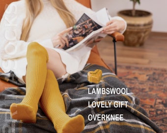Over Knee Natural Lambswool Knitted Socks - Womens Knit Wool Seamless Stockings - Long Thigh High Leg Warmers - Cozy Sweater Winter Hosiery