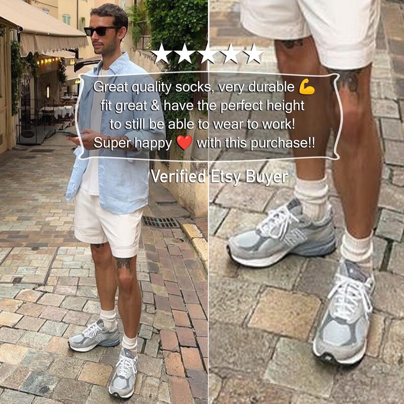 A lifestyle street-style photo of a man wearing durable white slouch socks in a city setting. This review confirms that these diabetic socks and neuropathy socks are excellent eco friendly products and rank among the most unusual gifts for men.