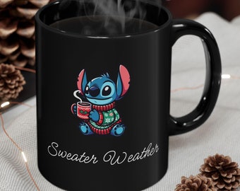 Disney Stitch Mug, Sweater weather, Black Mug (11oz, 15oz), Coffee Cup, Drinkware, Cute Cartoon Character, Gift for Disney Fan