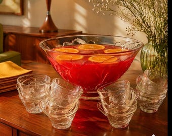 Indiana Glass Clear Pebble Leaf Punch Bowl Set, 12 Cups, Ladle