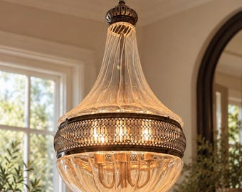 Vintage Turkish Glass Chandelier Pendant Light Brass Filigree Hanging Fixture