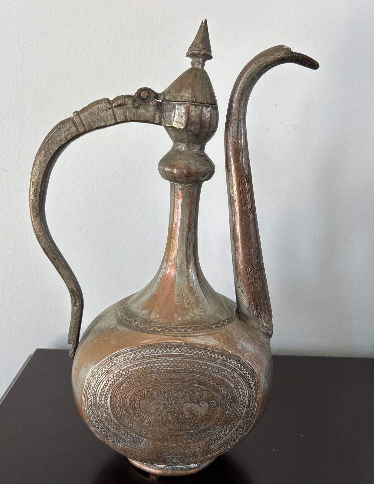 Vintage Copper Turkish Coffee Pot, Engraved Ibrik Pitcher, Antique