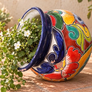 Può includere: Un vaso da fiori in ceramica rotondo con un vivace motivo floreale dipinto a mano in rosso, giallo, verde e blu. Il vaso presenta un ampio bordo blu scuro ed è posizionato su un lato, contenente una pianta verde con piccoli fiori bianchi.