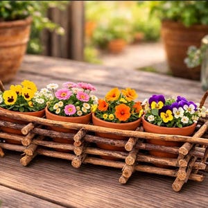 May include: A wooden planter with four terracotta pots, each holding a different variety of colourful flowers. The flowers include yellow, pink, orange, and purple pansies. The planter has a handle and sits on a wooden surface.