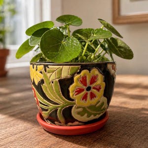 ヴィンテージ風フローラルプランターポット 8インチ セラミック製 排水穴付き ボヘミアン風 手描き