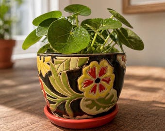 Maceta floral vintage de cerámica de 20 cm con orificio de drenaje, estilo bohemio, pintada a mano.