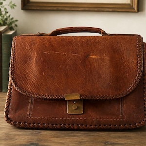 Vintage Brown Leather Briefcase with Key – Hand Laced Rustic Document Bag