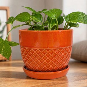 Vintage Orange Ceramic Planter with Saucer Drain Hole Textured Lattice Pot