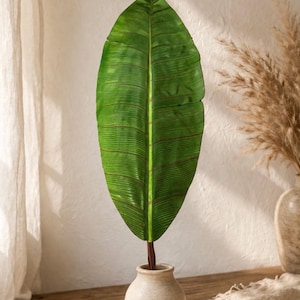 Puede incluir: Una gran hoja de plátano artificial, de color verde vibrante con vetas detalladas, exhibida en un pequeño jarrón de cerámica beige. La hoja tiene un tallo marrón oscuro. El fondo incluye una pared de tonos neutros y un jarrón con hierba de la pampa seca.