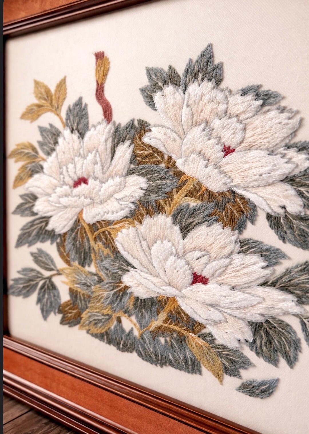 Vintage Crewel Embroidery Peony Floral Wall Art, Chinoiserie Botanical ...