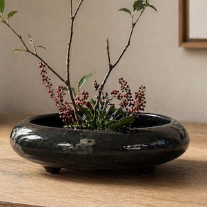 Vintage Japandi Niedrige Pflanzschale 10 ”breiter schwarzer Keramiktopf