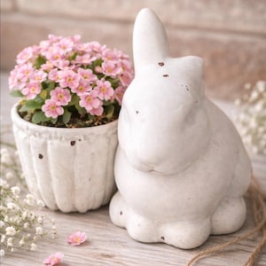 Puede incluir: Una figura de conejo de cerámica blanca con detalles desgastados se encuentra junto a una pequeña maceta blanca llena de flores rosas. La maceta tiene una superficie texturizada. Pétalos de flores rosas sueltos están esparcidos.