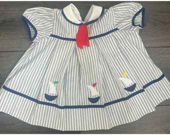 Vintage BABY TOGS Girl Dress 24 Mo Sailor Striped Blue & White w/ Sail Boats