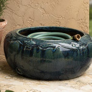 Vintage Ceramic Garden Hose Holder Planter Pot Blue Green Glazed Outdoor Decor