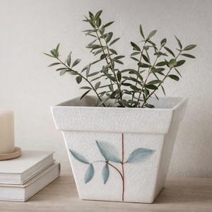 Puede incluir: Una maceta cuadrada de cerámica blanca con acabado craquelado, con un diseño de hojas azules pintadas y un tallo marrón. La maceta contiene una planta verde frondosa. La maceta está sobre una superficie de madera junto a una pila de libros.