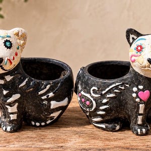 May include: Two black animal-shaped planters featuring white skeletal rib cage patterns and colorful floral face designs. The left planter resembles a dog, while the right planter resembles a cat with a pink heart detail on its chest and painted wings.
