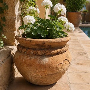 May include: A weathered terracotta planter with a thick, rope-like textured rim and a rounded body. The pot contains a vibrant green geranium plant with multiple clusters of small, bright white flowers blooming from thin, upright green stems.