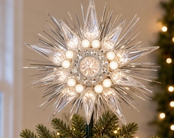 Vintage Silver Jewel Tree Topper, Clear Crystal Starburst Christmas Tree Topper