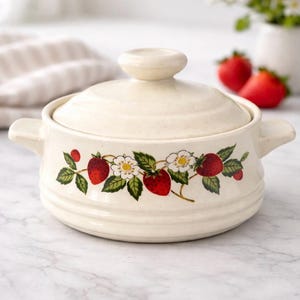 Vintage Ceramic Strawberry Bowl Stoneware Strawberries & Cream Farm Pot w/ Lid
