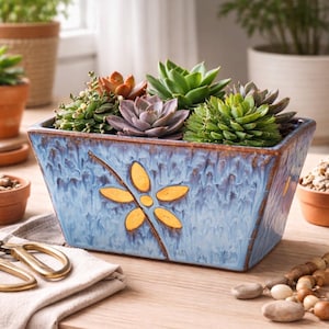 Vintage Blue Ceramic Planter Rectangle Dragonfly Pot Rustic Glazed Flower Box Succulent Planter 8 Inch