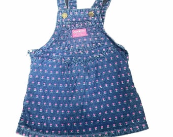 Oshkosh Vintage Baby Girl Dress Denim Floral Tulip Hearts 2T Osh Kosh Bgosh Overall Dress