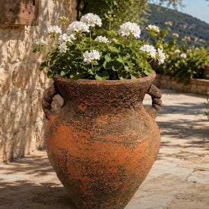 May include: A large, weathered terracotta urn with a textured, mottled orange and dark brown finish. The vessel features two thick, rope-style handles on opposite sides and is filled with a cluster of white geranium flowers with green leaves.