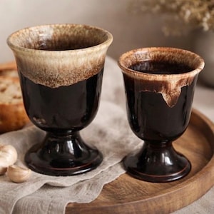 Vintage Brown Drip Goblets Set of 2 Rustic Stoneware Farmhouse Wine Cups