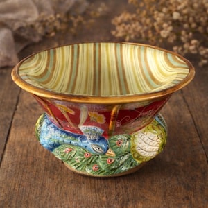 Tracy Porter Peacock Pedestal Bowl Vintage Colorful Artesian Ceramic Serving Dish Decor