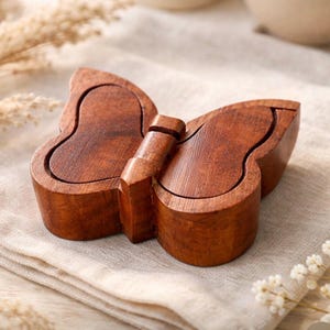 Könnte beinhalten: Eine holzfarbene Schatulle in Schmetterlingsform mit Klappdeckel. Die Schatulle ist aus dunkelbraunem Holz gefertigt und hat eine glatte Oberfläche. Die Flügel des Schmetterlings sind mit geschwungenen Kanten versehen. Die Schatulle liegt auf einem beigen Stoff.