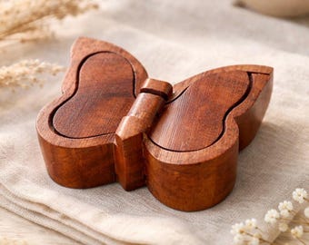 Hand Carved Wooden Butterfly Puzzle Trinket Box Unique and Beautifully Made