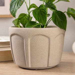 Vintage Ceramic Planter With Drainage Hole Neutral Ribbed Minimalist Pot 6x8