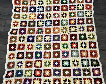 Vintage Granny Square Afghan Hand Crochet Multi-Color Blanket Roseanne 54 x 46